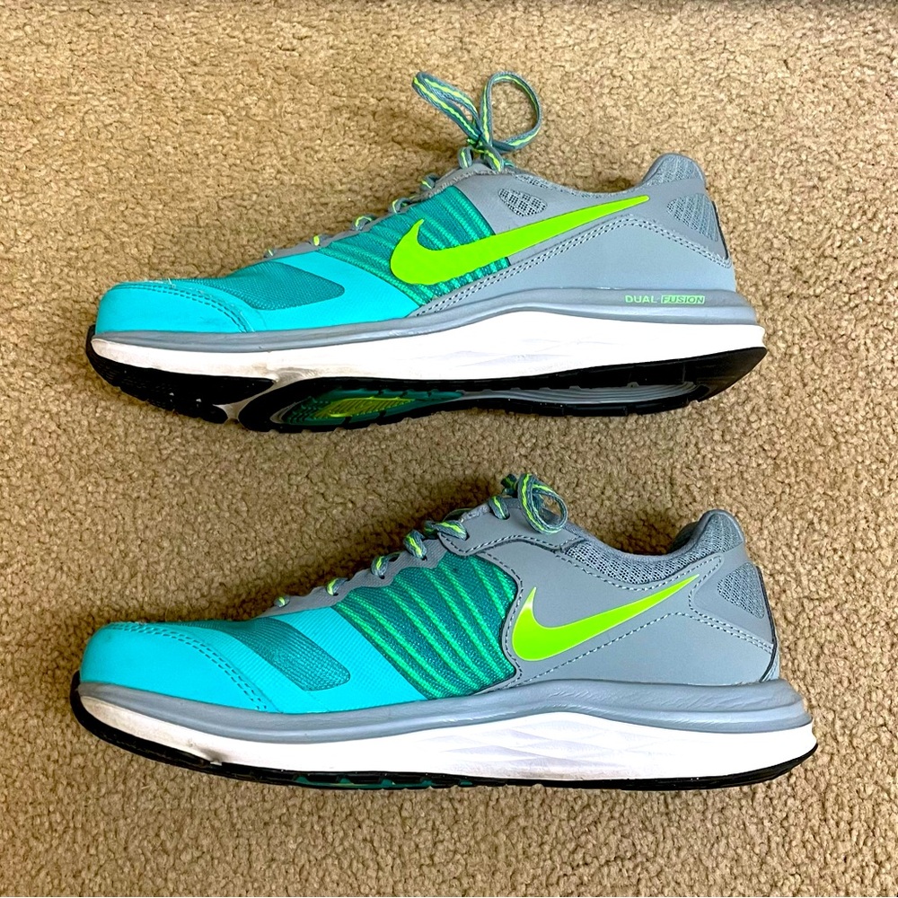 Nike Duel Fusion X Running Shoes, Teal, Lime Green, and Grey, Womens 8